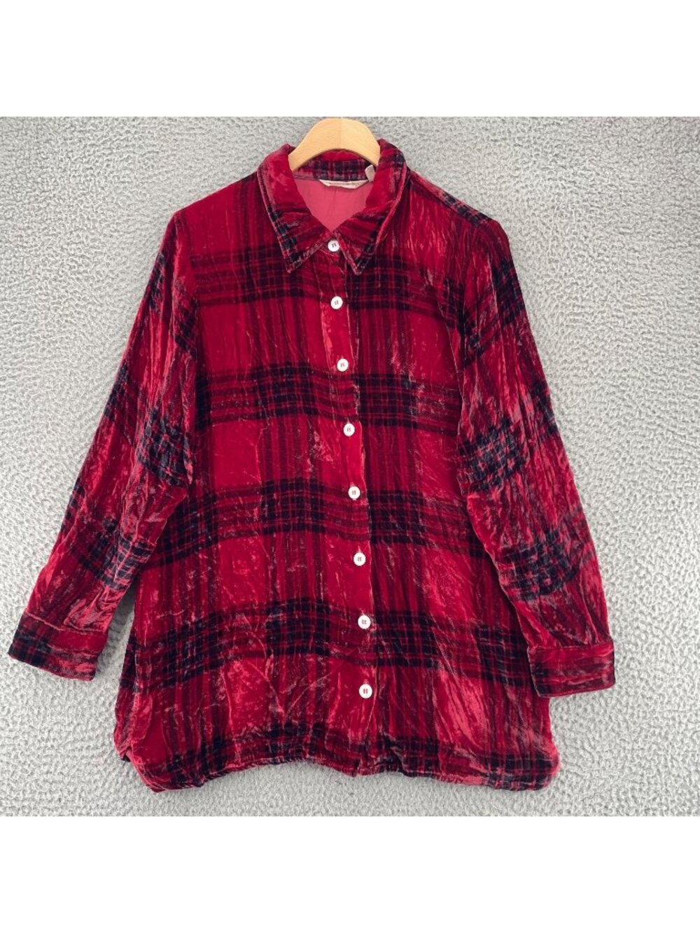 Soft Surroundings Shirt Womens Small Red Plaid Silk Blend Velvet Long Sleeves